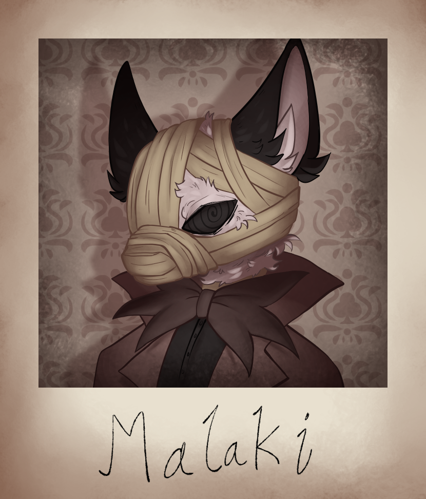 A digital drawing of a cat-like anthro creature with bandages covering most of their face. They are wearing a large tattered bowtie. The drawing is labeled Malaki